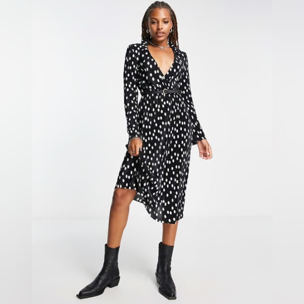 ASOS DESIGN plisse midi wrap polka dot dress